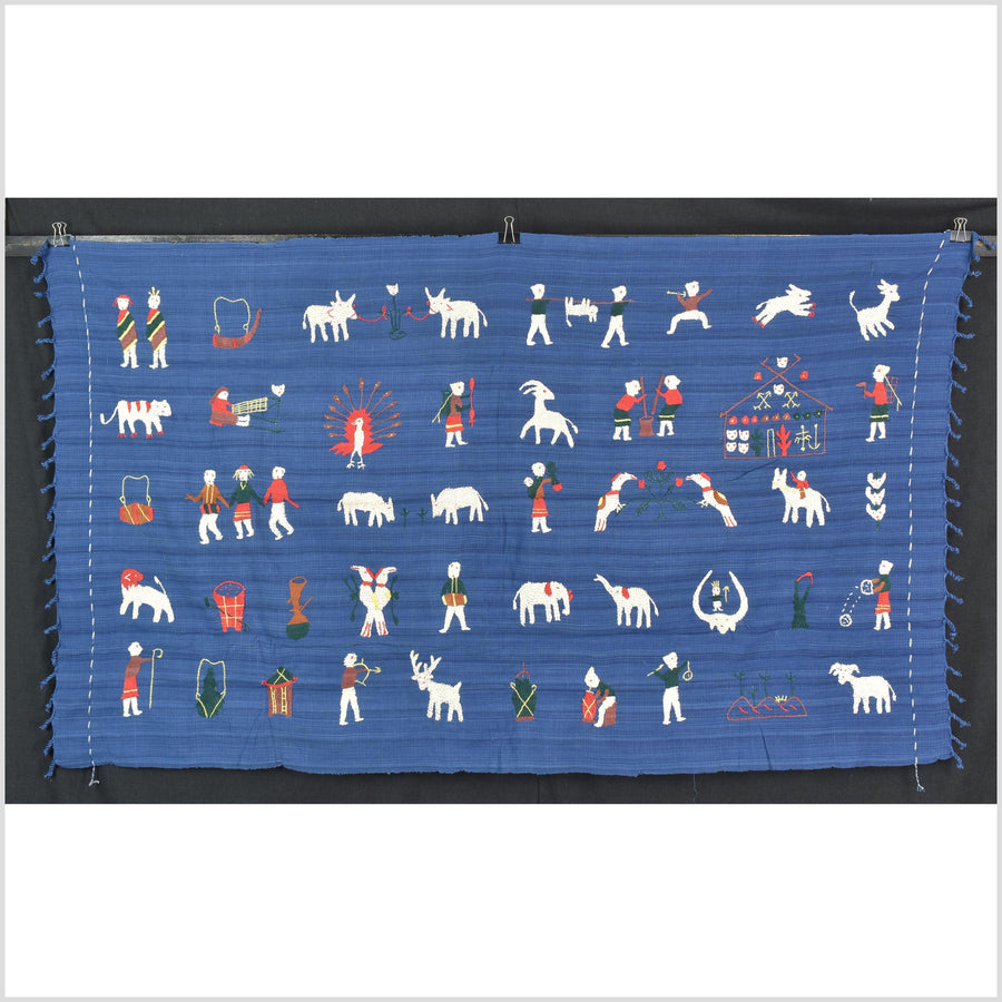 Sky blue cotton story quilt Naga tribal textile ethnic embroidered boho fabric Burma hill tribe tapestry Thai India Hmong MP77