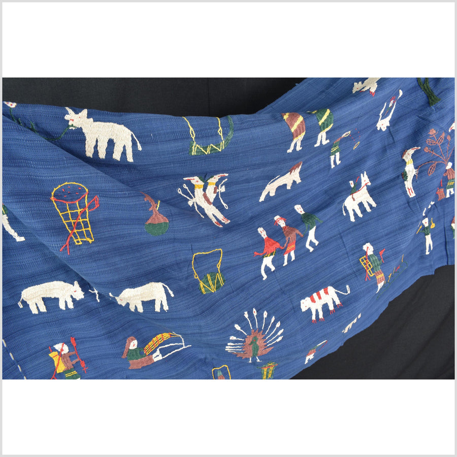 Sky blue cotton story quilt Naga tribal textile ethnic embroidered boho fabric Burma hill tribe tapestry Thai India Hmong MP78