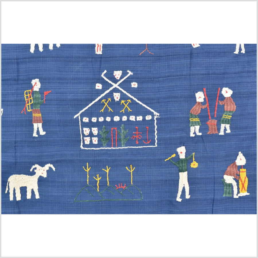 Sky blue cotton story quilt Naga tribal textile ethnic embroidered boho fabric Burma hill tribe tapestry Thai India Hmong MP78