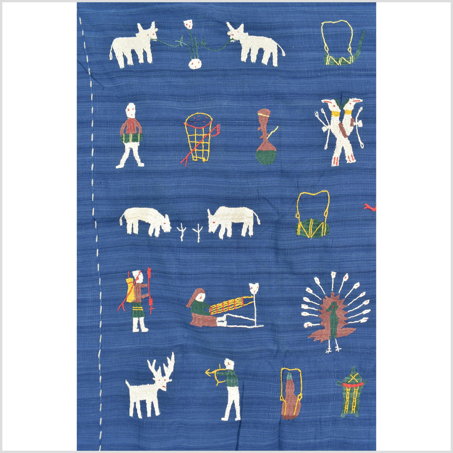 Sky blue cotton story quilt Naga tribal textile ethnic embroidered boho fabric Burma hill tribe tapestry Thai India Hmong MP78