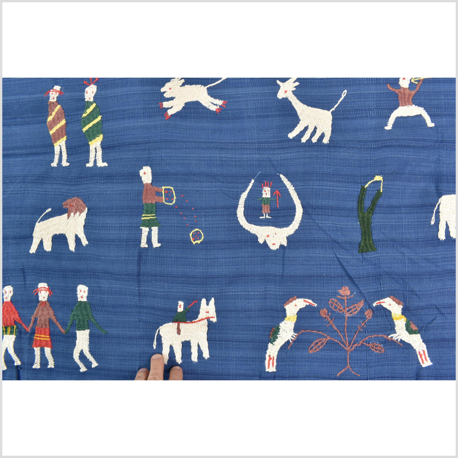 Sky blue cotton story quilt Naga tribal textile ethnic embroidered boho fabric Burma hill tribe tapestry Thai India Hmong MP78