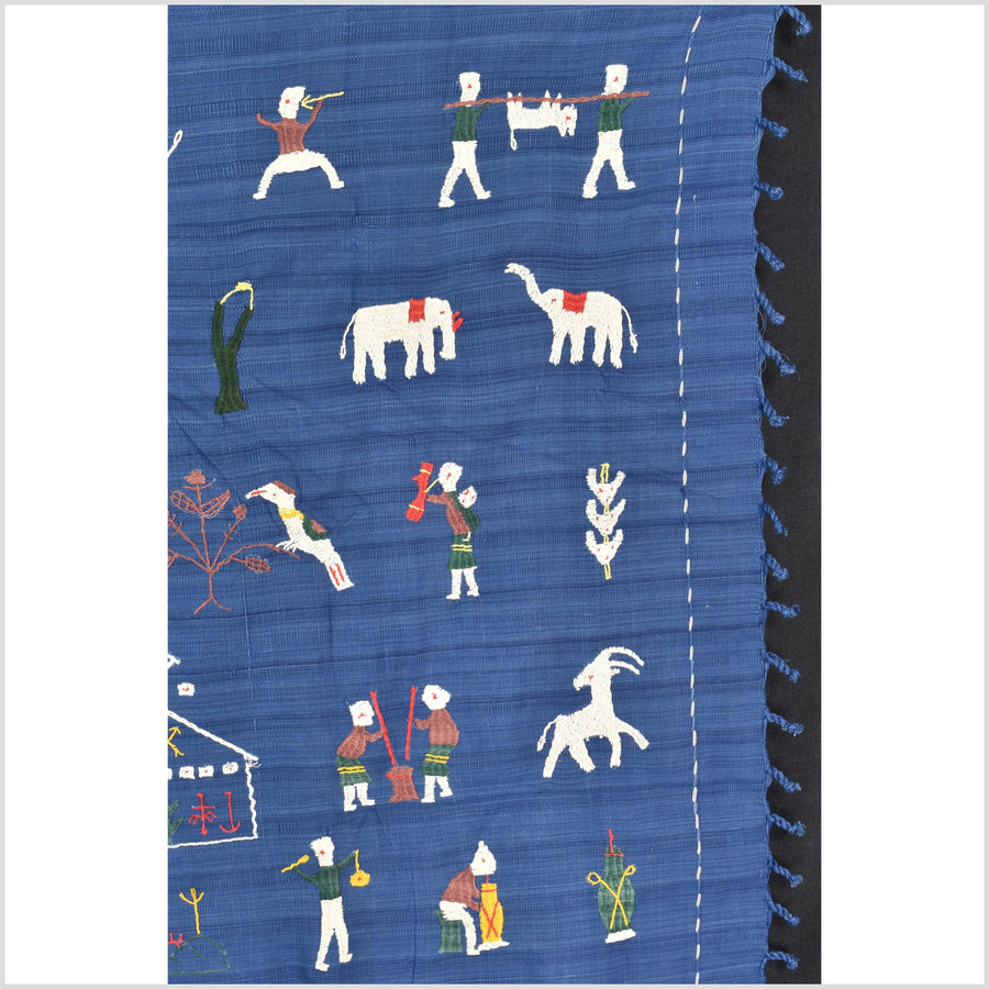Sky blue cotton story quilt Naga tribal textile ethnic embroidered boho fabric Burma hill tribe tapestry Thai India Hmong MP78