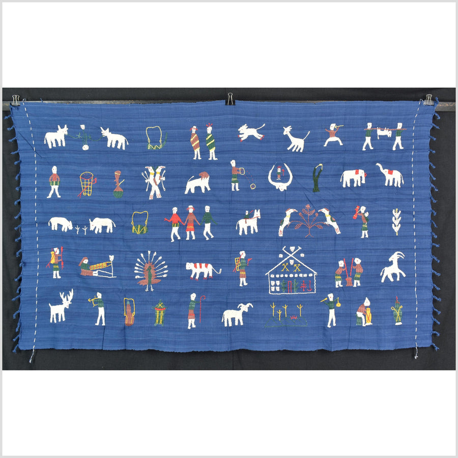 Sky blue cotton story quilt Naga tribal textile ethnic embroidered boho fabric Burma hill tribe tapestry Thai India Hmong MP78