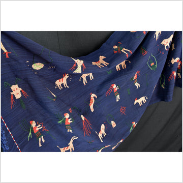 Cobalt blue cotton story quilt Naga tribal textile ethnic embroidered boho fabric Burma hill tribe tapestry Thailand India Hmong MP7