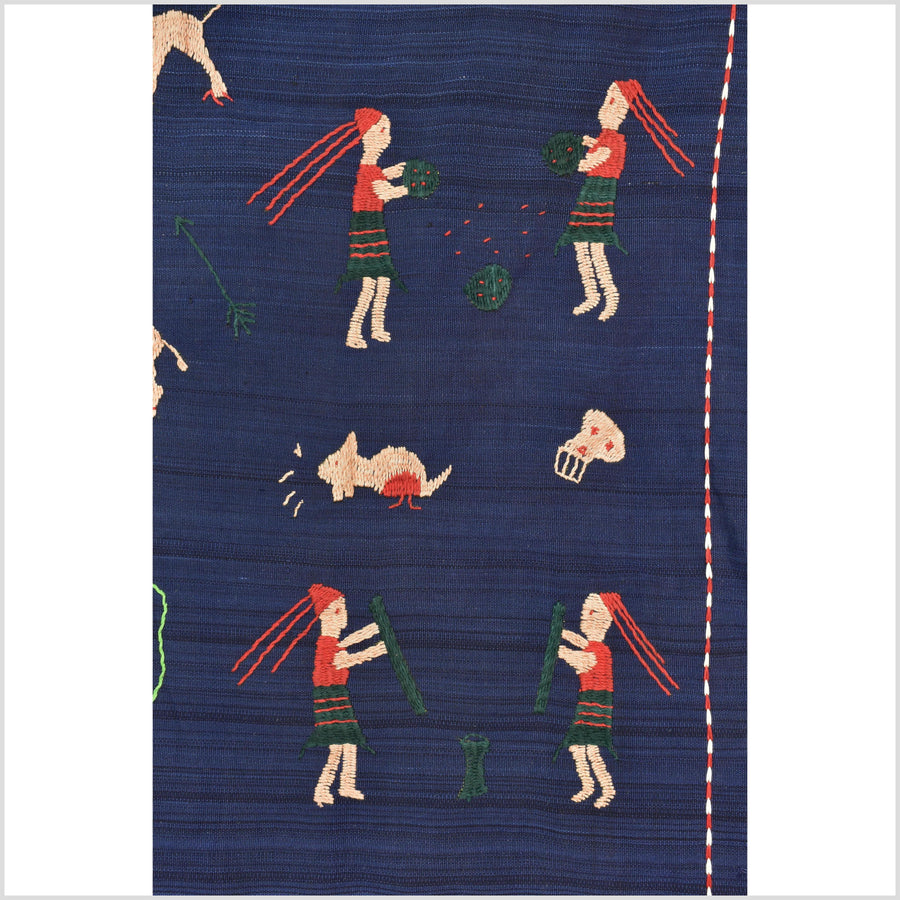 Cobalt blue cotton story quilt Naga tribal textile ethnic embroidered boho fabric Burma hill tribe tapestry Thailand India Hmong MP7
