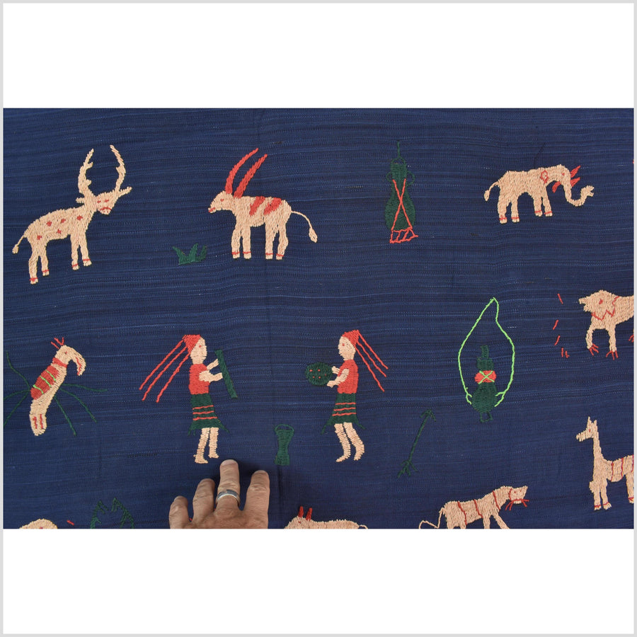 Cobalt blue cotton story quilt Naga tribal textile ethnic embroidered boho fabric Burma hill tribe tapestry Thailand India Hmong MP7
