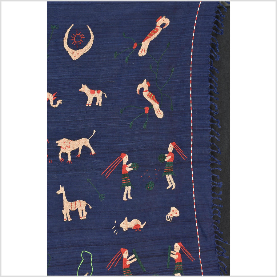 Cobalt blue cotton story quilt Naga tribal textile ethnic embroidered boho fabric Burma hill tribe tapestry Thailand India Hmong MP7