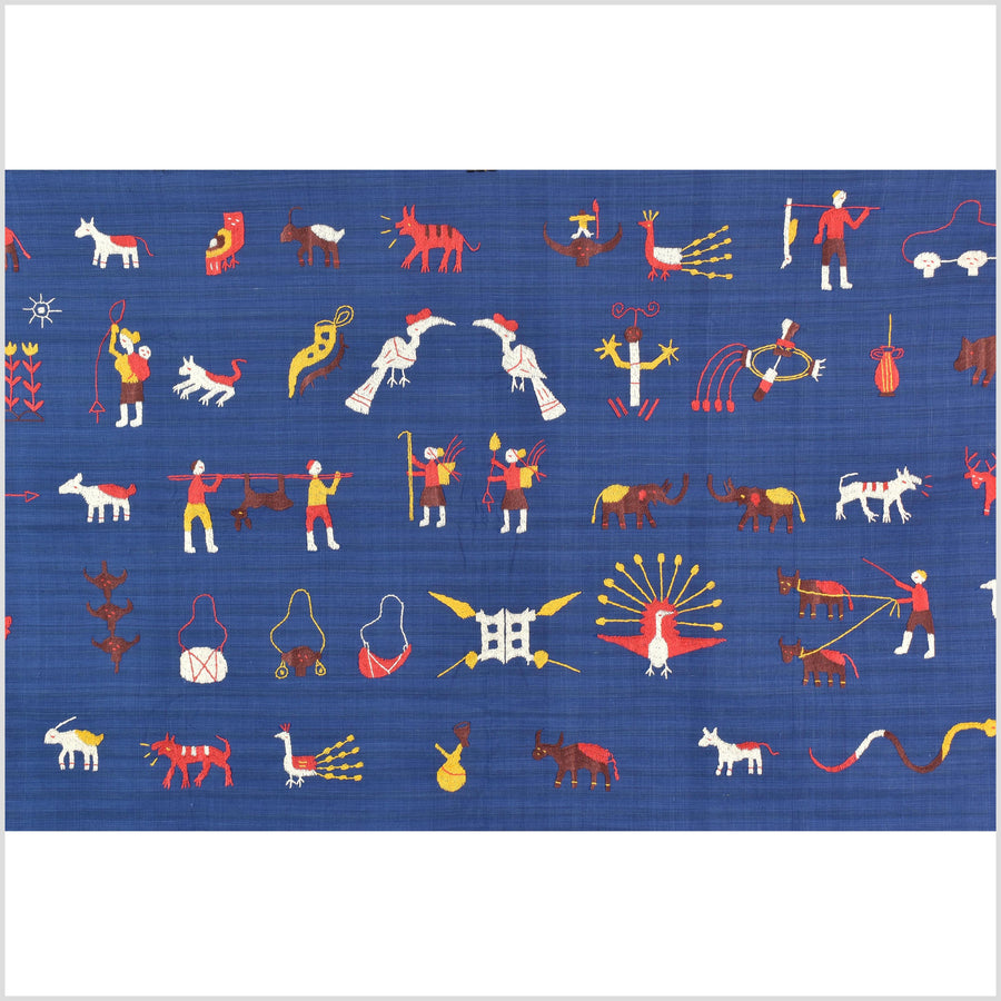 Sky blue cotton story quilt Naga tribal textile ethnic embroidered boho fabric Burma hill tribe tapestry Thai India Hmong MP80