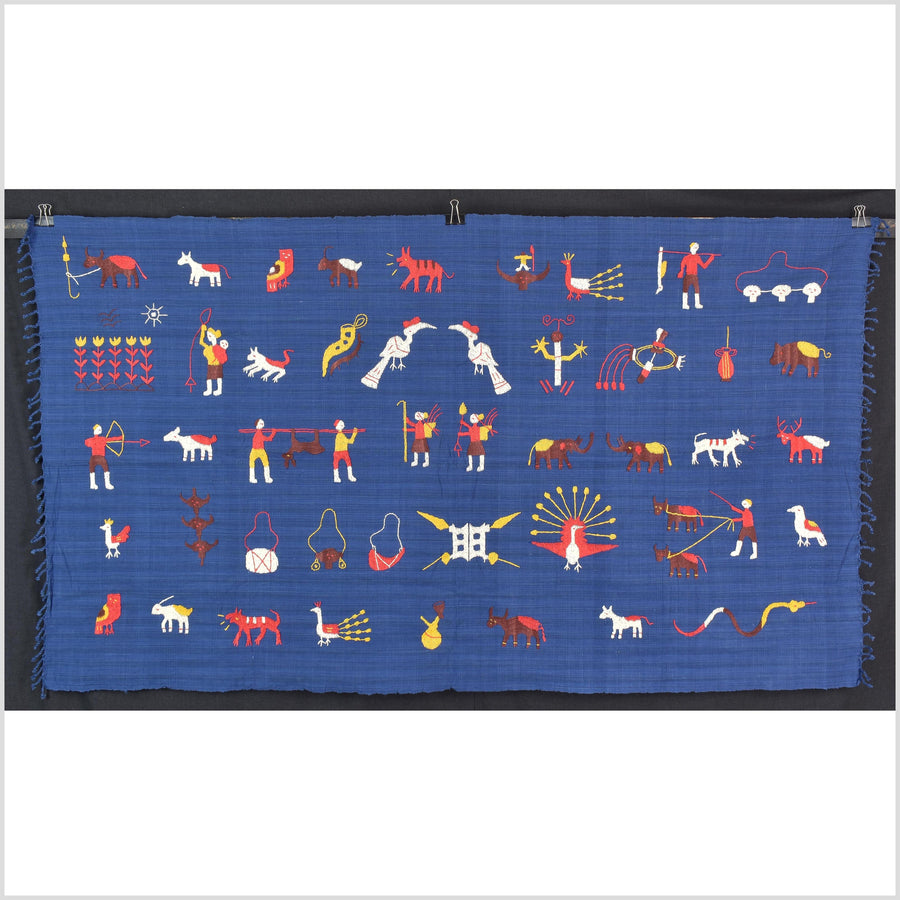 Sky blue cotton story quilt Naga tribal textile ethnic embroidered boho fabric Burma hill tribe tapestry Thai India Hmong MP80