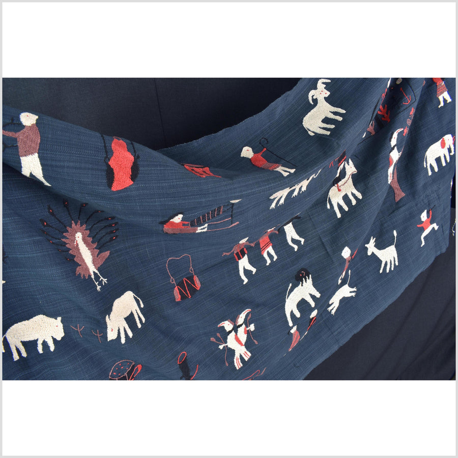 Rich marine blue cotton story quilt Naga tribal textile ethnic embroidered boho fabric Burma hill tribe tapestry Thailand India Hmong MP81