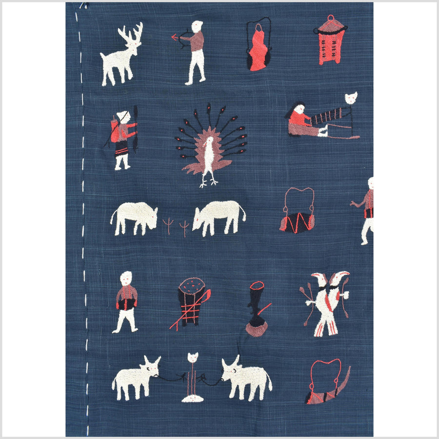 Rich marine blue cotton story quilt Naga tribal textile ethnic embroidered boho fabric Burma hill tribe tapestry Thailand India Hmong MP81