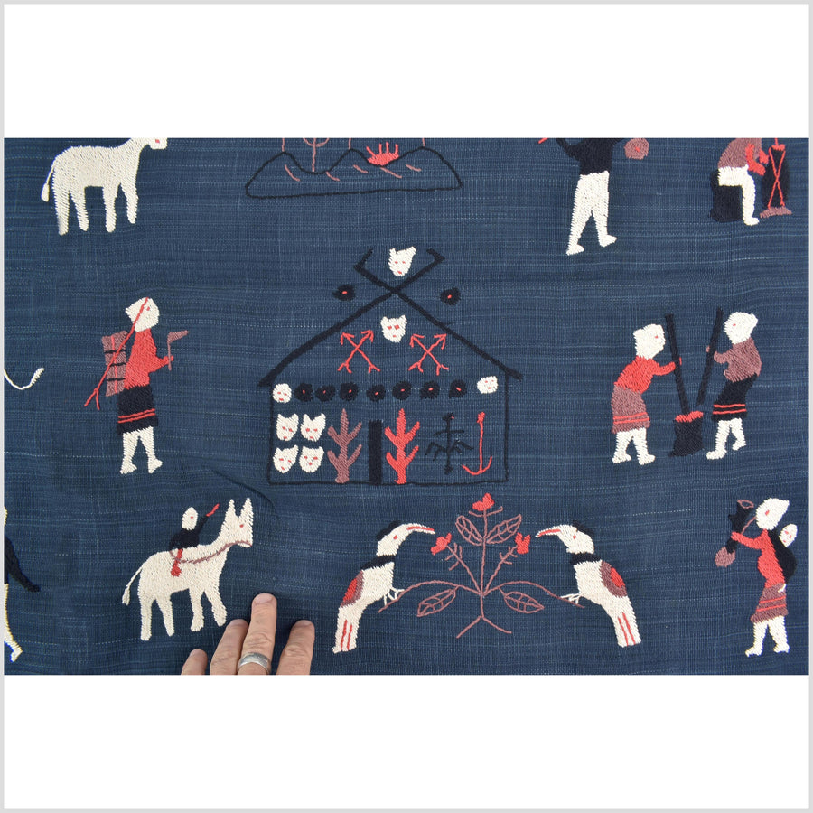 Rich marine blue cotton story quilt Naga tribal textile ethnic embroidered boho fabric Burma hill tribe tapestry Thailand India Hmong MP81