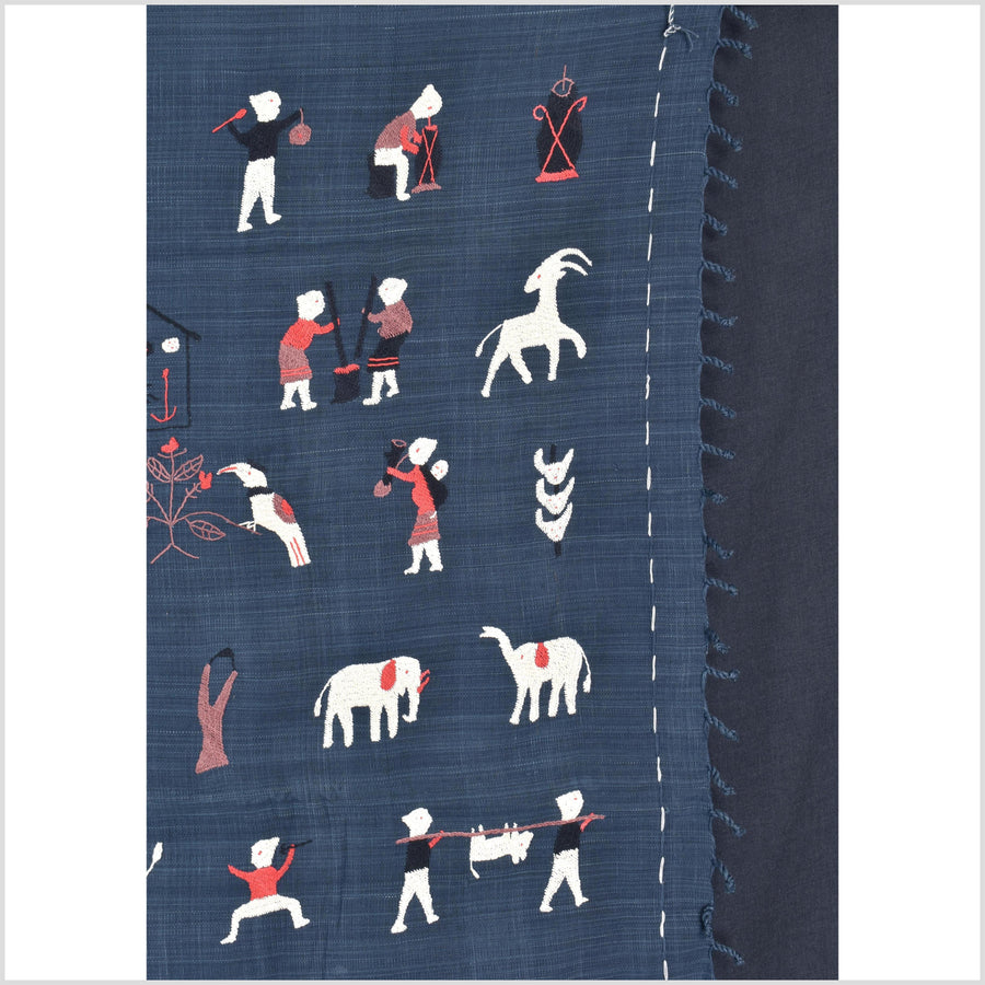 Rich marine blue cotton story quilt Naga tribal textile ethnic embroidered boho fabric Burma hill tribe tapestry Thailand India Hmong MP81