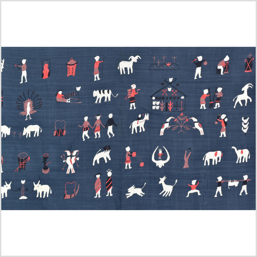 Rich marine blue cotton story quilt Naga tribal textile ethnic embroidered boho fabric Burma hill tribe tapestry Thailand India Hmong MP81