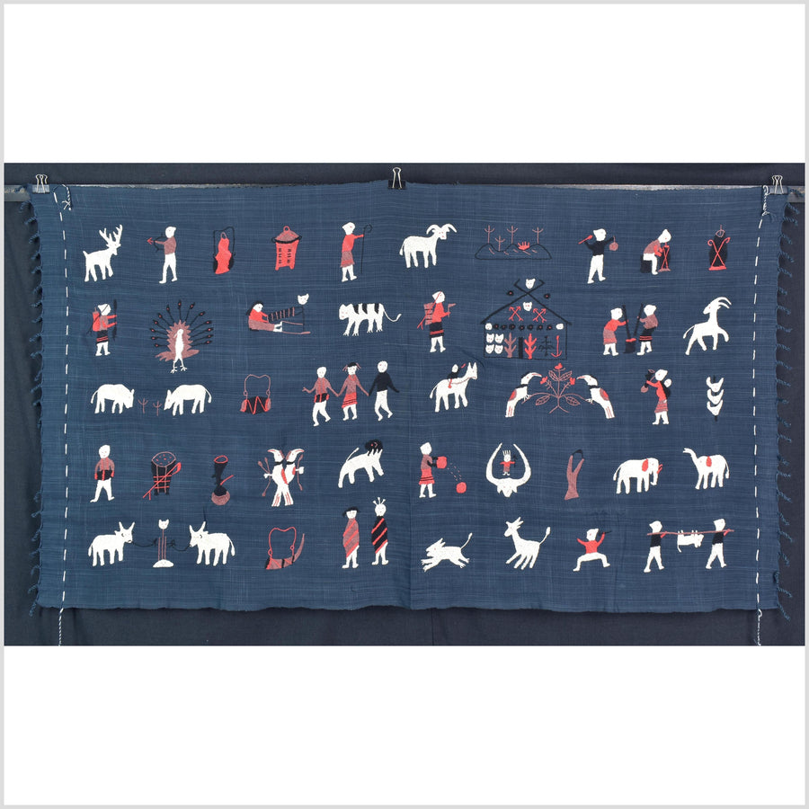 Rich marine blue cotton story quilt Naga tribal textile ethnic embroidered boho fabric Burma hill tribe tapestry Thailand India Hmong MP81