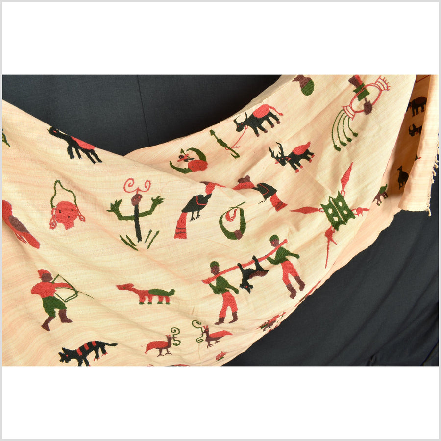 Straw yellow cotton story quilt Naga tribal textile ethnic embroidered boho fabric Burma hill tribe tapestry Thailand India Hmong MP83