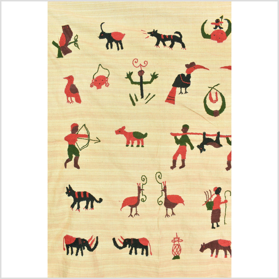 Straw yellow cotton story quilt Naga tribal textile ethnic embroidered boho fabric Burma hill tribe tapestry Thailand India Hmong MP83