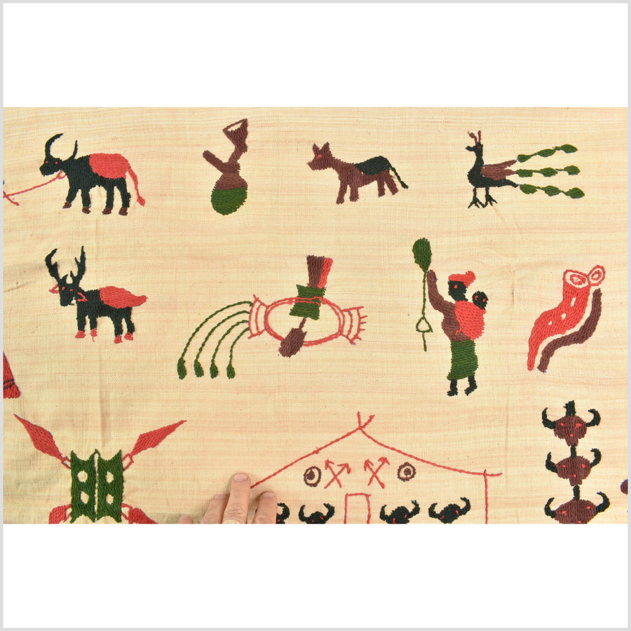 Straw yellow cotton story quilt Naga tribal textile ethnic embroidered boho fabric Burma hill tribe tapestry Thailand India Hmong MP83