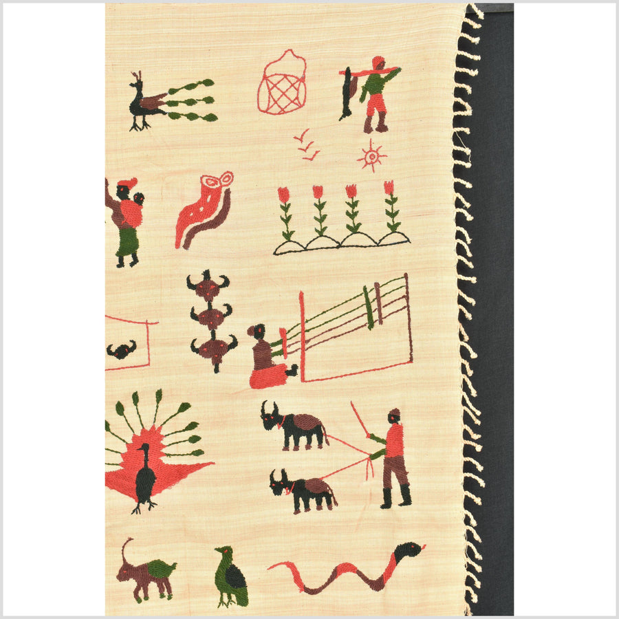 Straw yellow cotton story quilt Naga tribal textile ethnic embroidered boho fabric Burma hill tribe tapestry Thailand India Hmong MP83