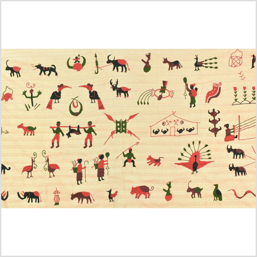 Straw yellow cotton story quilt Naga tribal textile ethnic embroidered boho fabric Burma hill tribe tapestry Thailand India Hmong MP83