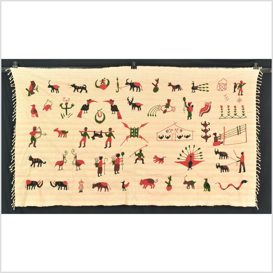 Straw yellow cotton story quilt Naga tribal textile ethnic embroidered boho fabric Burma hill tribe tapestry Thailand India Hmong MP83