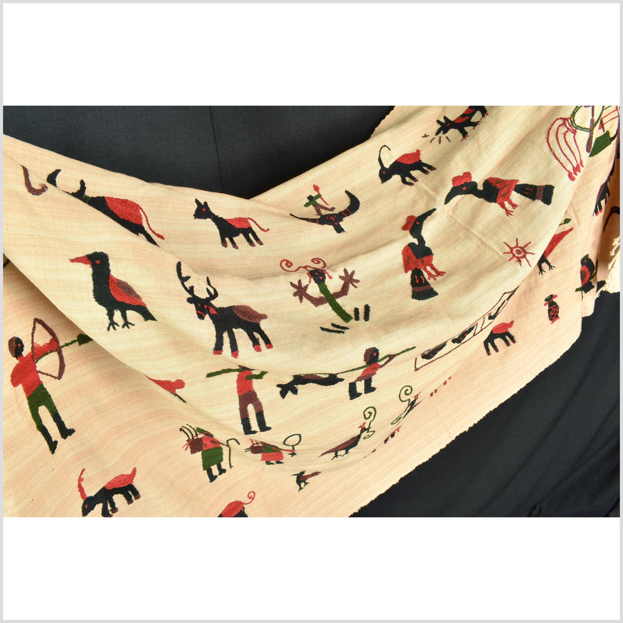 Straw yellow cotton story quilt Naga tribal textile ethnic embroidered boho fabric Burma hill tribe tapestry Thailand India Hmong MP84