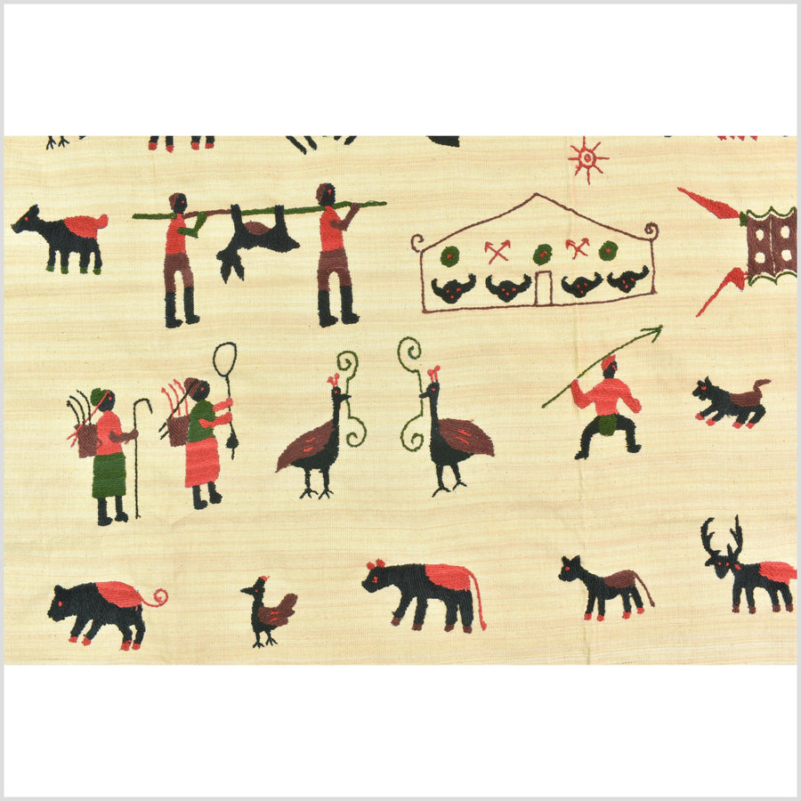 Straw yellow cotton story quilt Naga tribal textile ethnic embroidered boho fabric Burma hill tribe tapestry Thailand India Hmong MP84