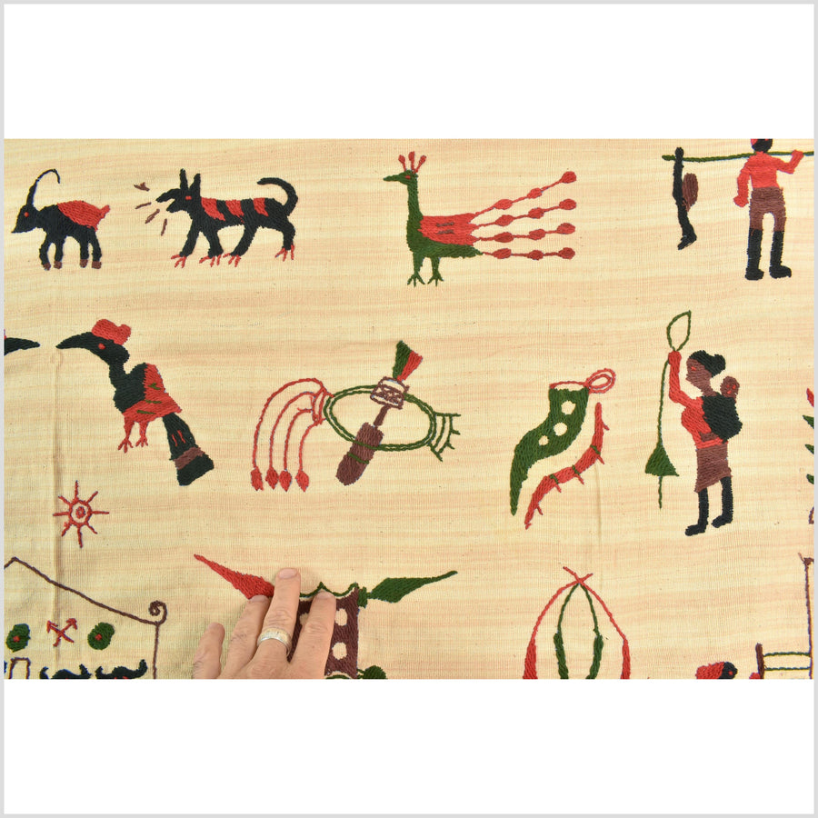 Straw yellow cotton story quilt Naga tribal textile ethnic embroidered boho fabric Burma hill tribe tapestry Thailand India Hmong MP84