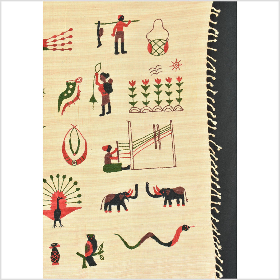 Straw yellow cotton story quilt Naga tribal textile ethnic embroidered boho fabric Burma hill tribe tapestry Thailand India Hmong MP84