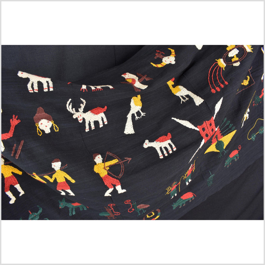 Black night cotton story quilt Naga tribal textile ethnic embroidered boho fabric Burma hill tribe tapestry Thailand India Hmong MP86