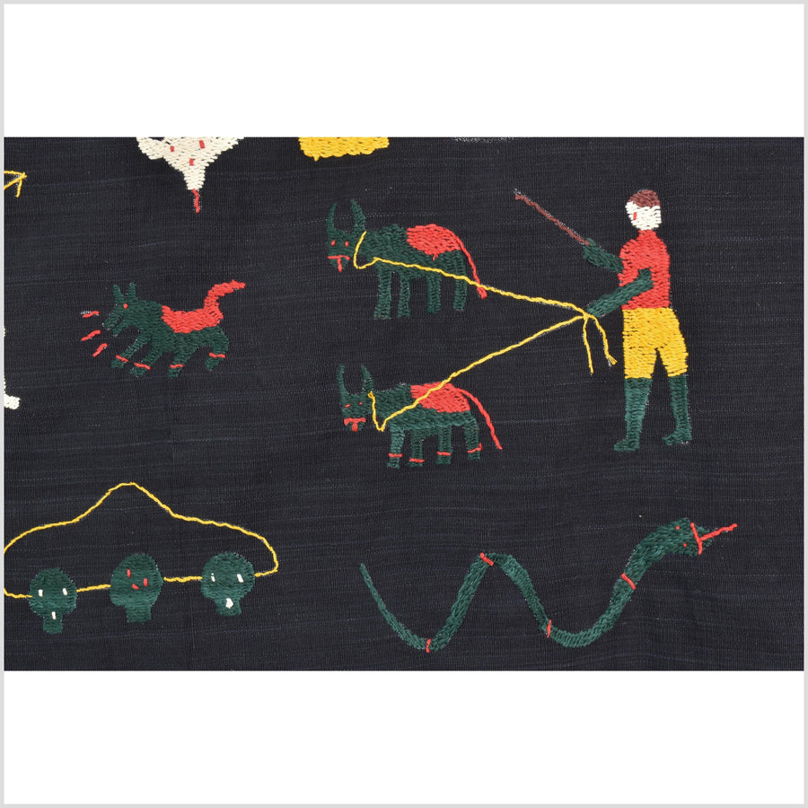 Black night cotton story quilt Naga tribal textile ethnic embroidered boho fabric Burma hill tribe tapestry Thailand India Hmong MP86