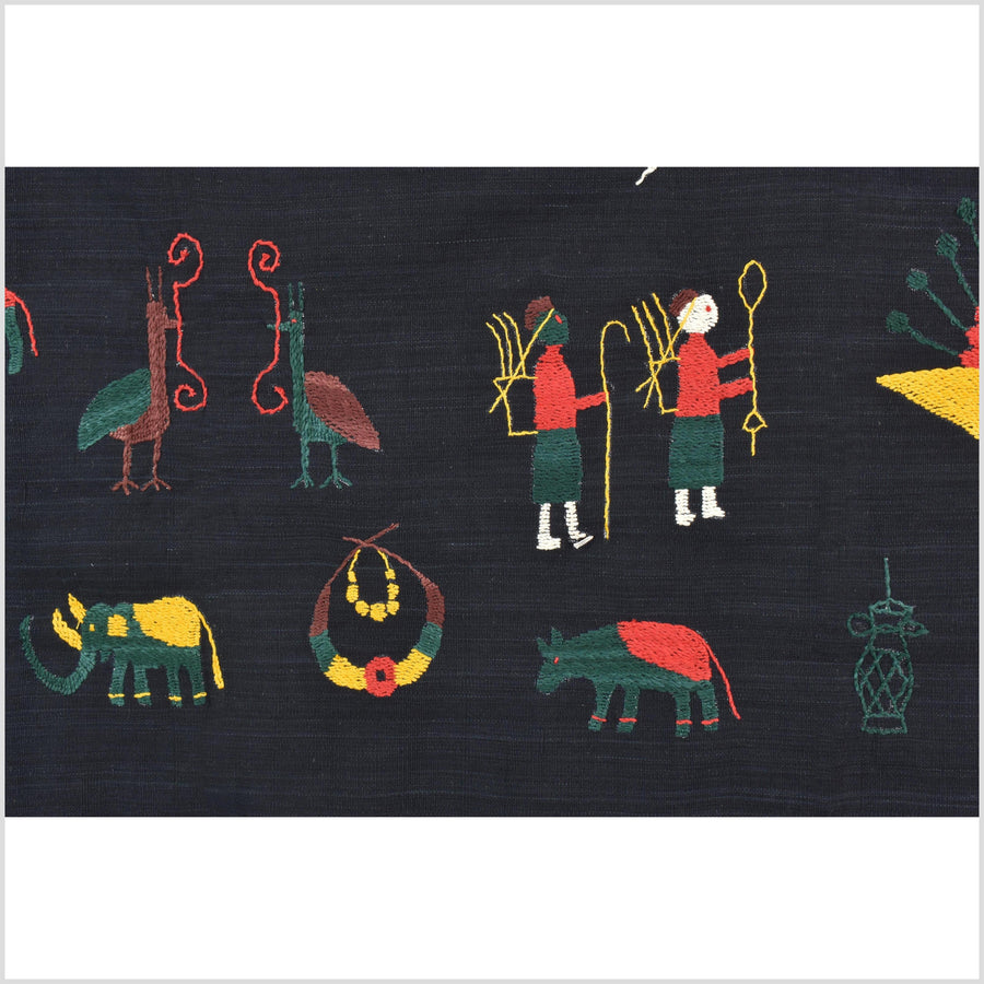 Black night cotton story quilt Naga tribal textile ethnic embroidered boho fabric Burma hill tribe tapestry Thailand India Hmong MP86