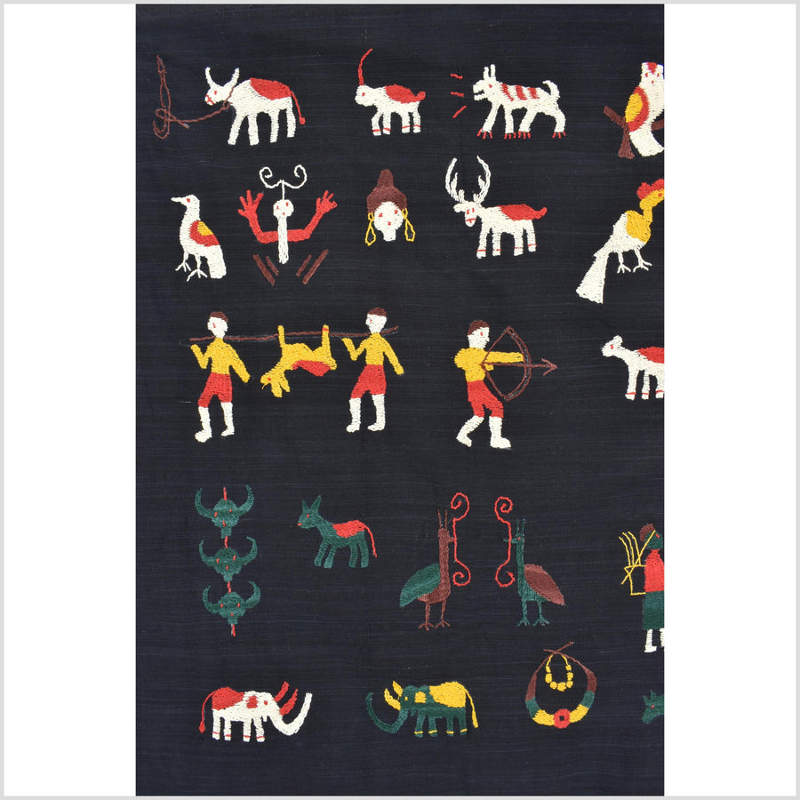 Black night cotton story quilt Naga tribal textile ethnic embroidered boho fabric Burma hill tribe tapestry Thailand India Hmong MP86