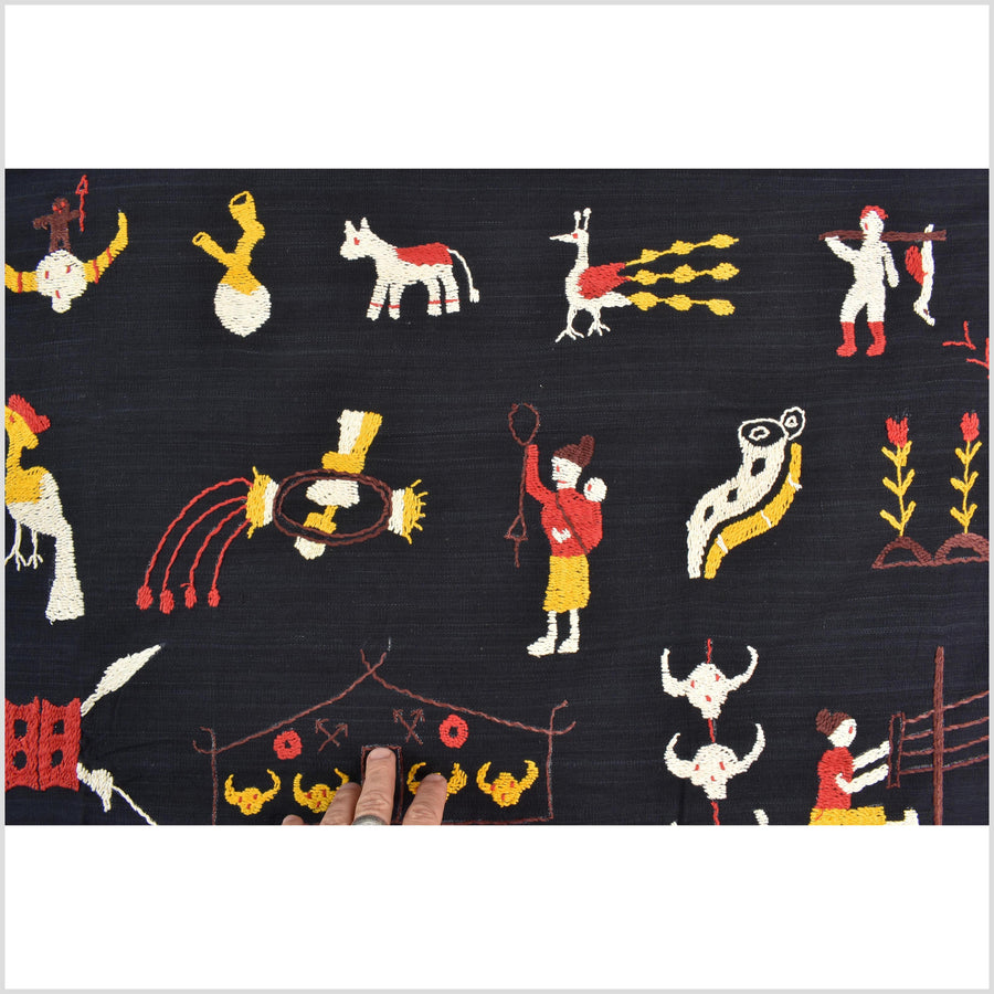 Black night cotton story quilt Naga tribal textile ethnic embroidered boho fabric Burma hill tribe tapestry Thailand India Hmong MP86