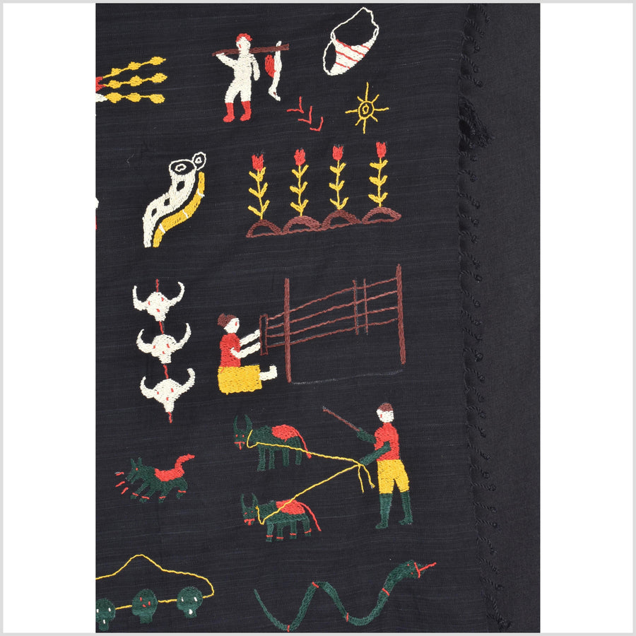 Black night cotton story quilt Naga tribal textile ethnic embroidered boho fabric Burma hill tribe tapestry Thailand India Hmong MP86