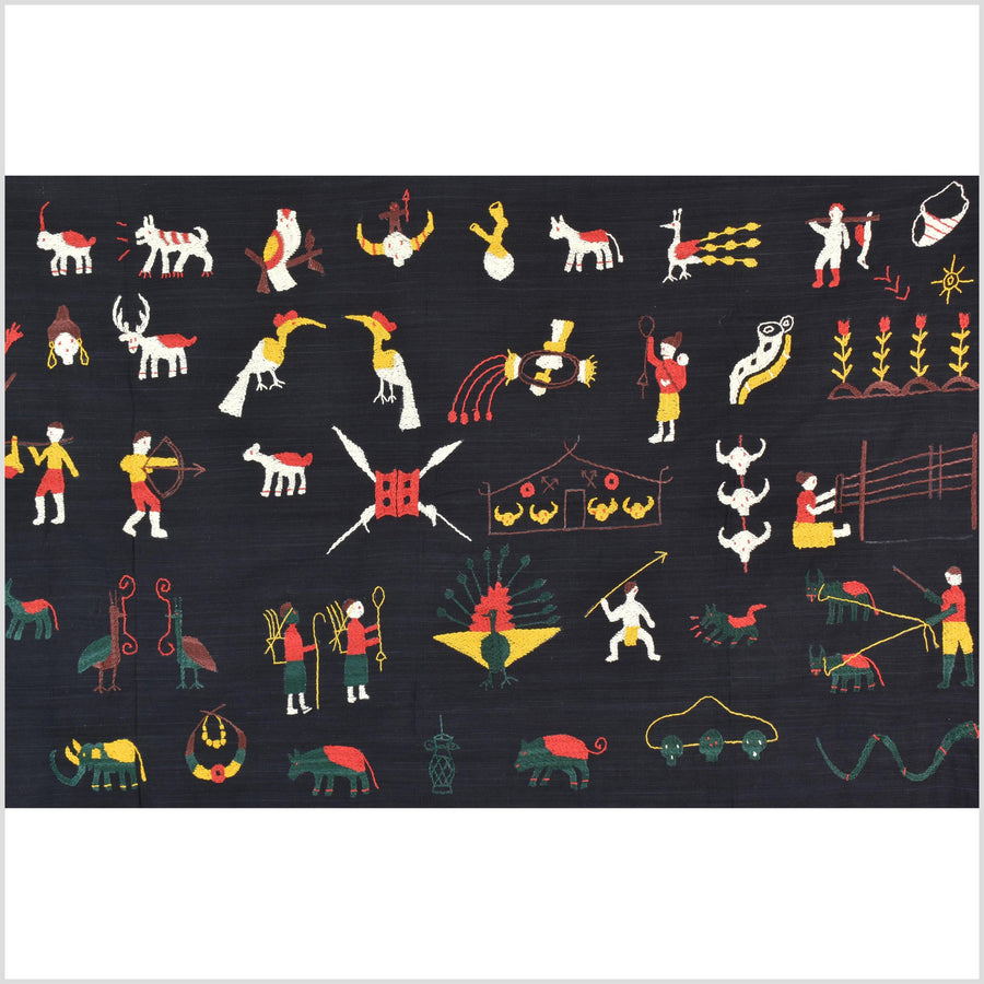 Black night cotton story quilt Naga tribal textile ethnic embroidered boho fabric Burma hill tribe tapestry Thailand India Hmong MP86