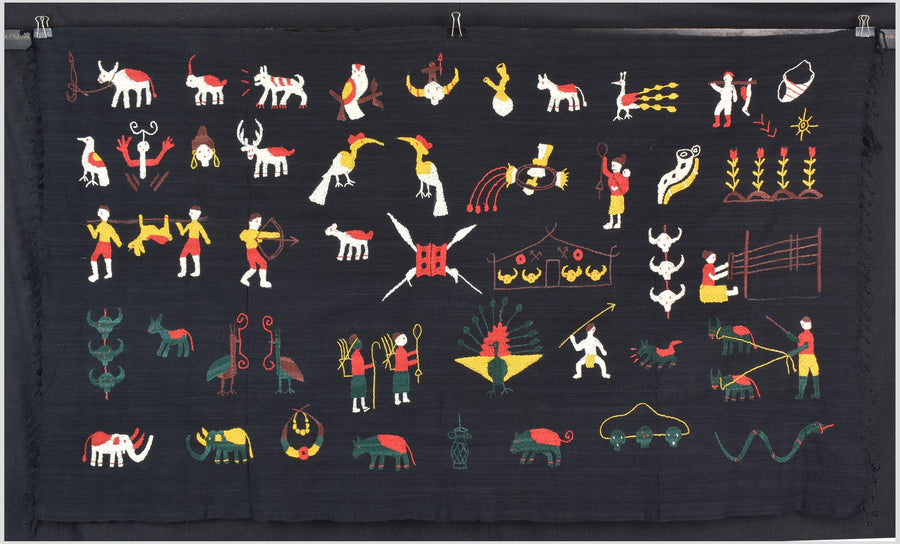 Black night cotton story quilt Naga tribal textile ethnic embroidered boho fabric Burma hill tribe tapestry Thailand India Hmong MP86