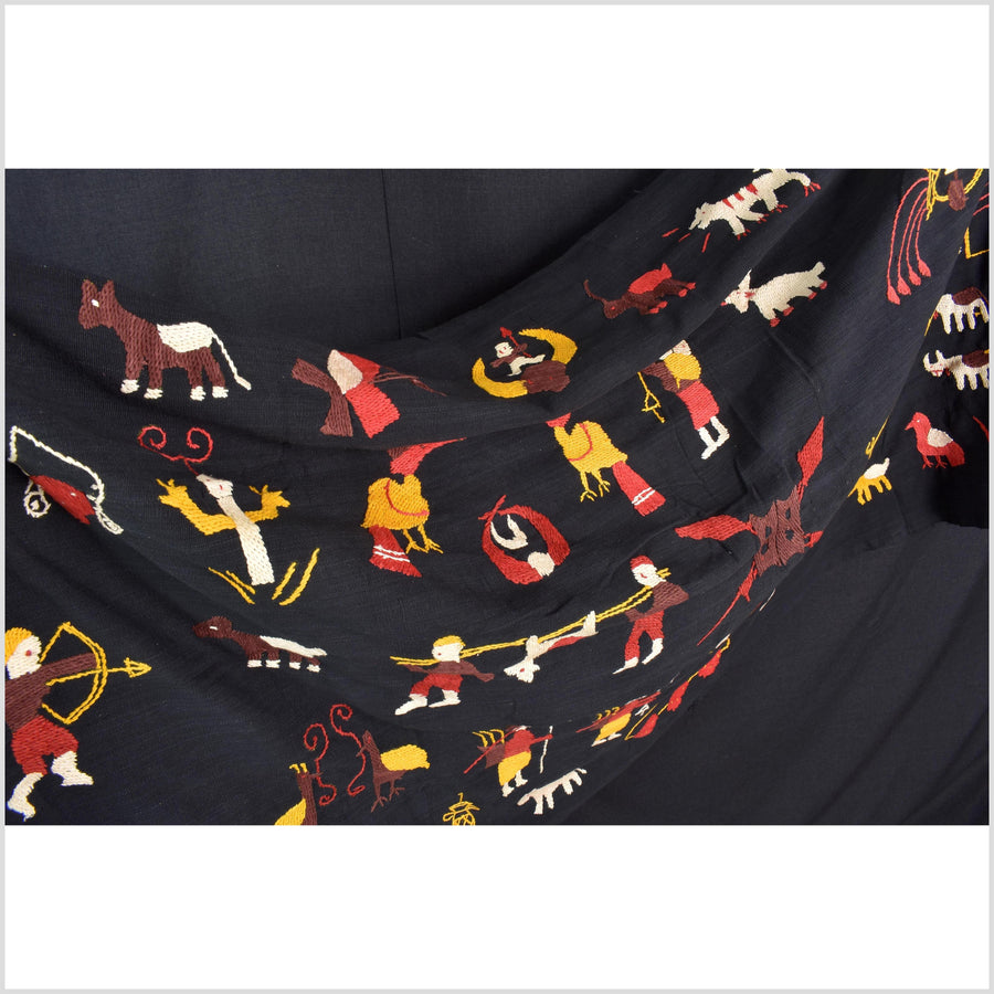 Black night cotton story quilt Naga tribal textile ethnic embroidered boho fabric Burma hill tribe tapestry Thailand India Hmong MP87