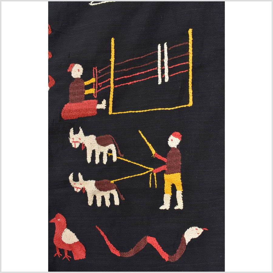 Black night cotton story quilt Naga tribal textile ethnic embroidered boho fabric Burma hill tribe tapestry Thailand India Hmong MP87