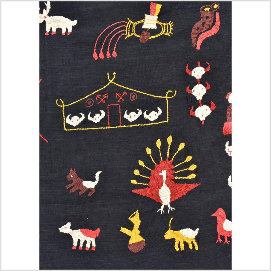 Black night cotton story quilt Naga tribal textile ethnic embroidered boho fabric Burma hill tribe tapestry Thailand India Hmong MP87