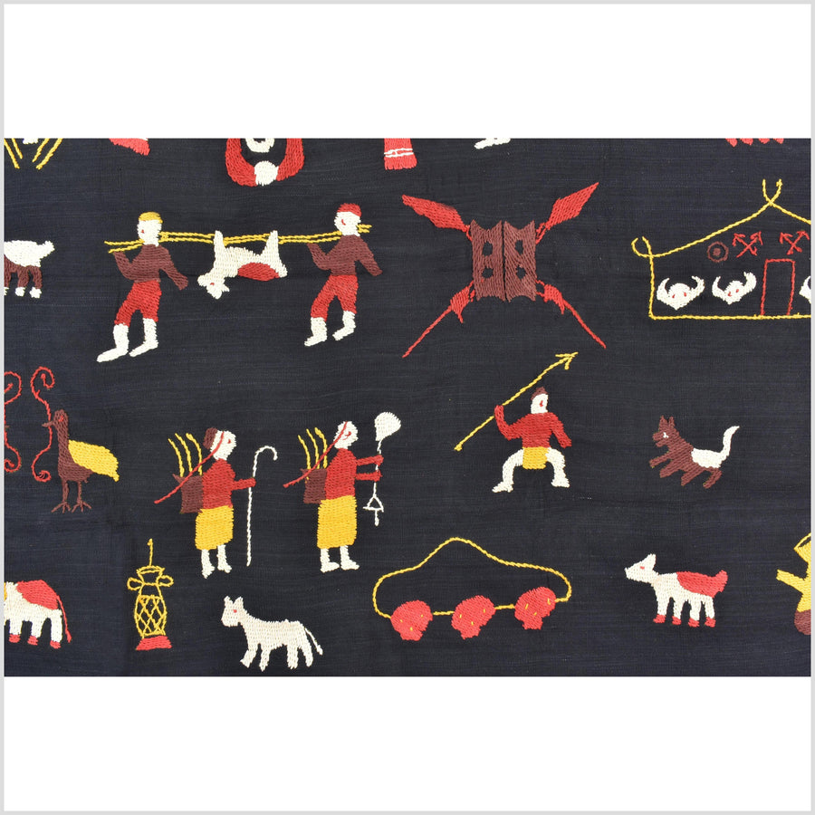 Black night cotton story quilt Naga tribal textile ethnic embroidered boho fabric Burma hill tribe tapestry Thailand India Hmong MP87