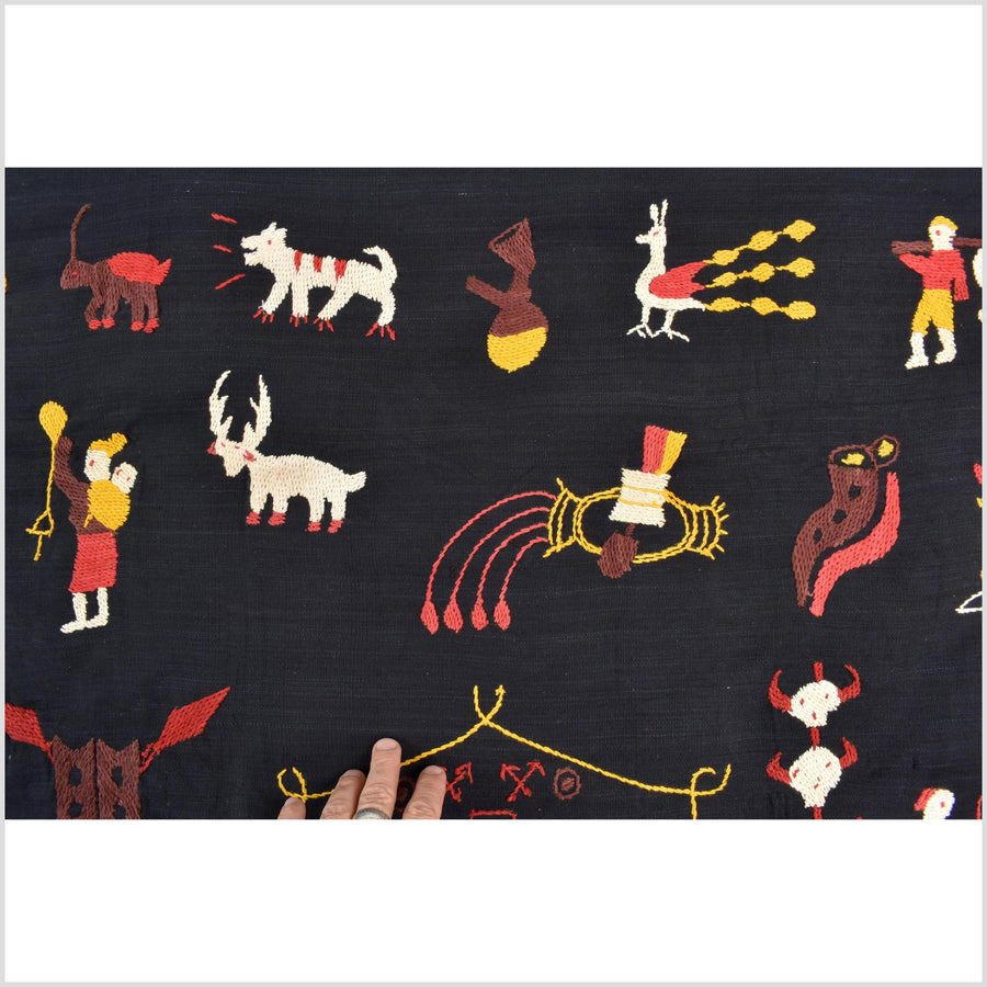 Black night cotton story quilt Naga tribal textile ethnic embroidered boho fabric Burma hill tribe tapestry Thailand India Hmong MP87