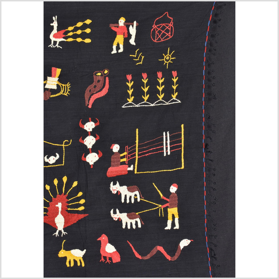 Black night cotton story quilt Naga tribal textile ethnic embroidered boho fabric Burma hill tribe tapestry Thailand India Hmong MP87