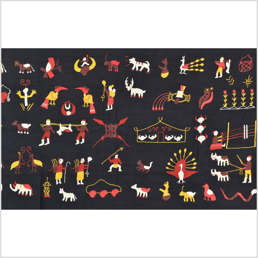 Black night cotton story quilt Naga tribal textile ethnic embroidered boho fabric Burma hill tribe tapestry Thailand India Hmong MP87