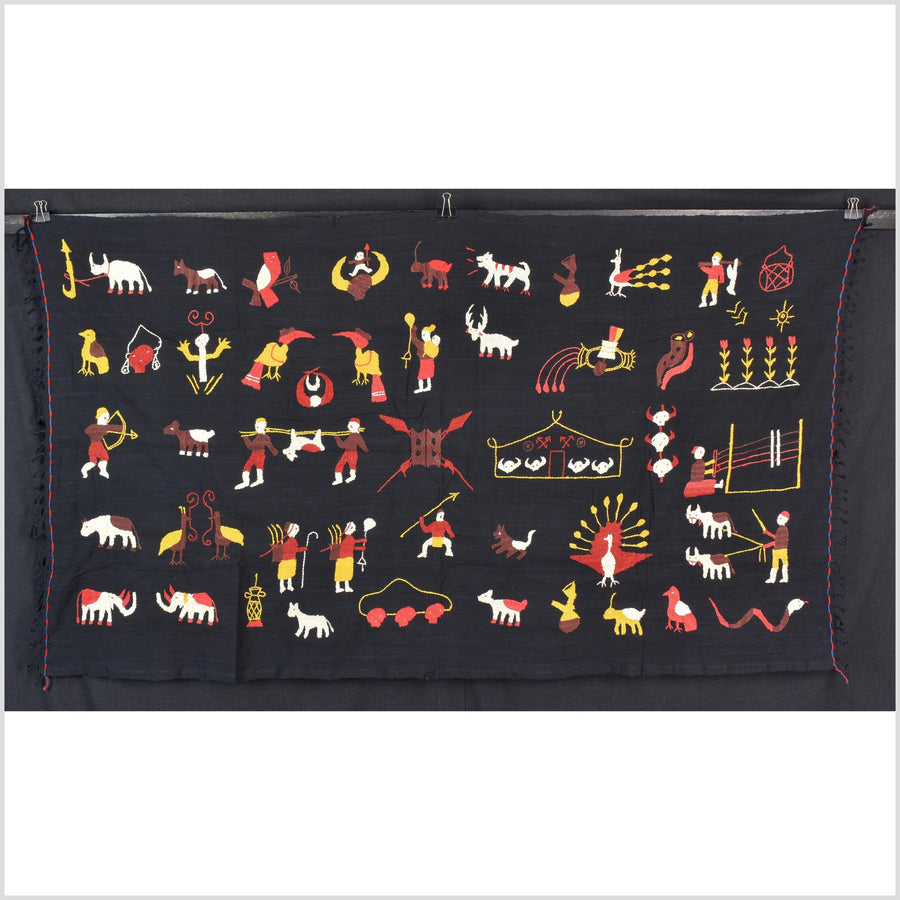 Black night cotton story quilt Naga tribal textile ethnic embroidered boho fabric Burma hill tribe tapestry Thailand India Hmong MP87