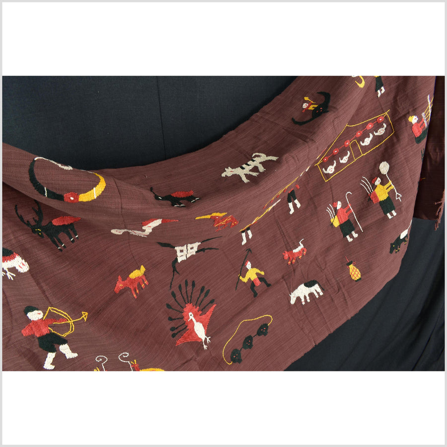 Chocolate brown cotton story quilt Naga tribal textile ethnic embroidered boho fabric Burma hill tribe tapestry Thailand India Hmong MP89