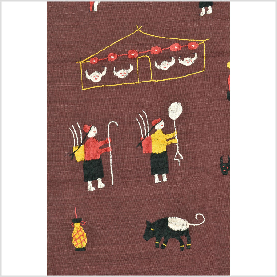 Chocolate brown cotton story quilt Naga tribal textile ethnic embroidered boho fabric Burma hill tribe tapestry Thailand India Hmong MP89