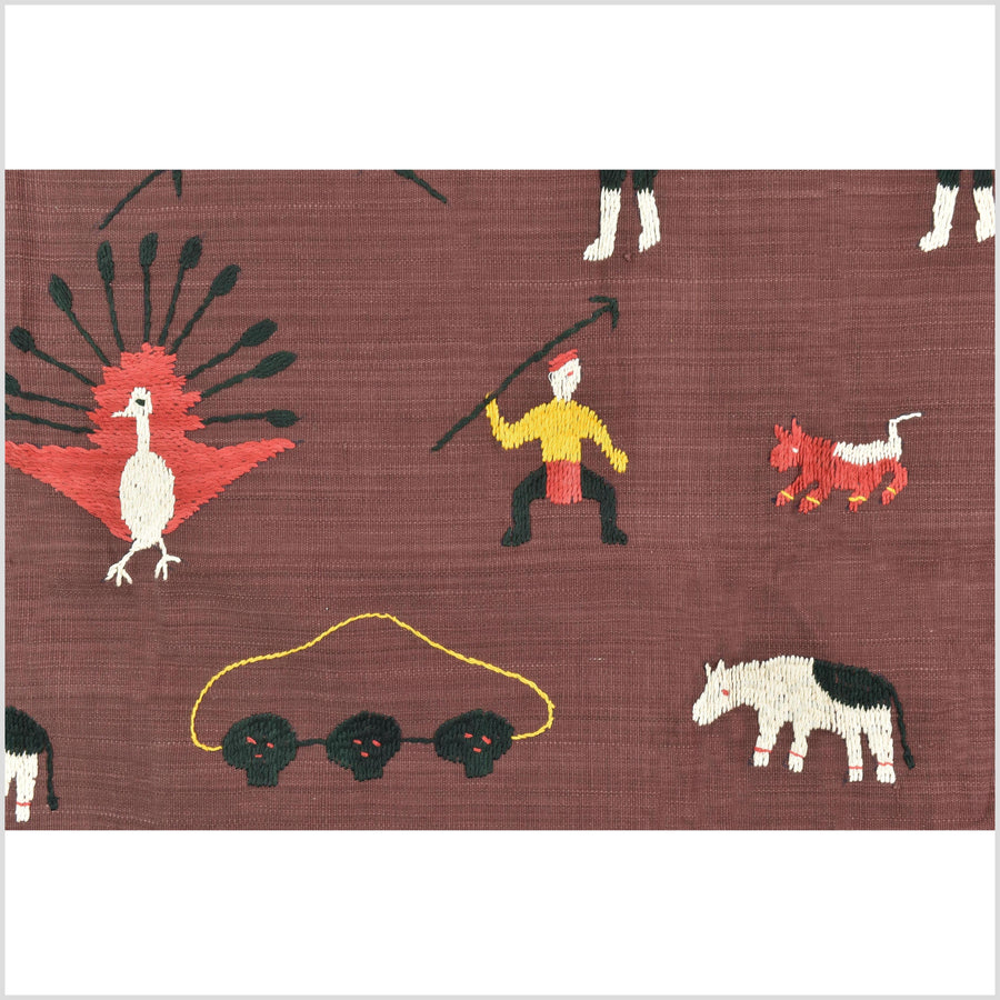 Chocolate brown cotton story quilt Naga tribal textile ethnic embroidered boho fabric Burma hill tribe tapestry Thailand India Hmong MP89