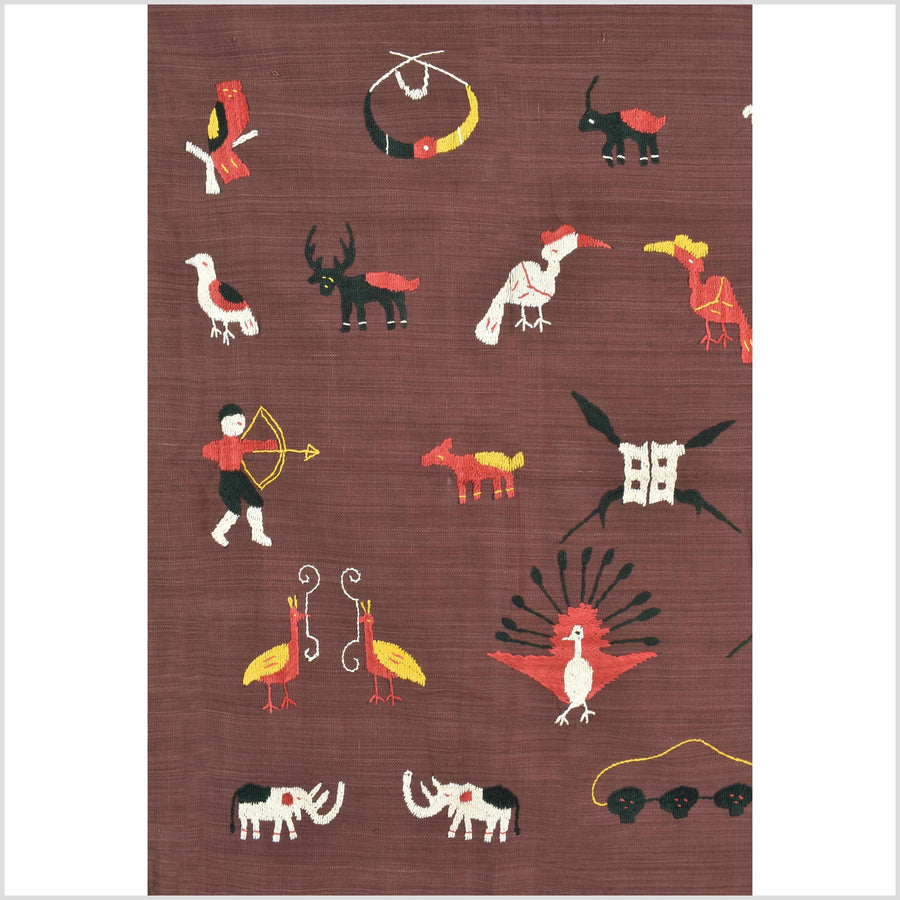 Chocolate brown cotton story quilt Naga tribal textile ethnic embroidered boho fabric Burma hill tribe tapestry Thailand India Hmong MP89