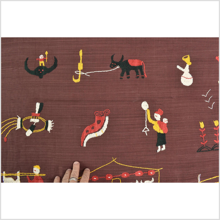 Chocolate brown cotton story quilt Naga tribal textile ethnic embroidered boho fabric Burma hill tribe tapestry Thailand India Hmong MP89